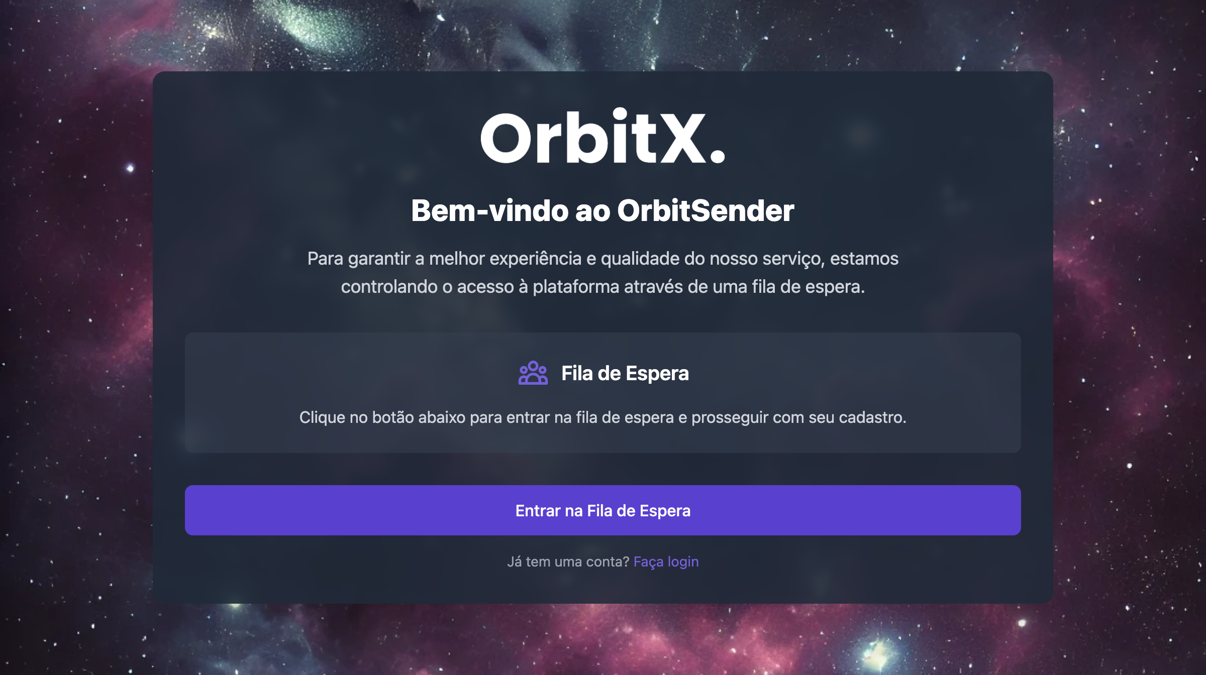 Página inicial de registro do OrbitSender