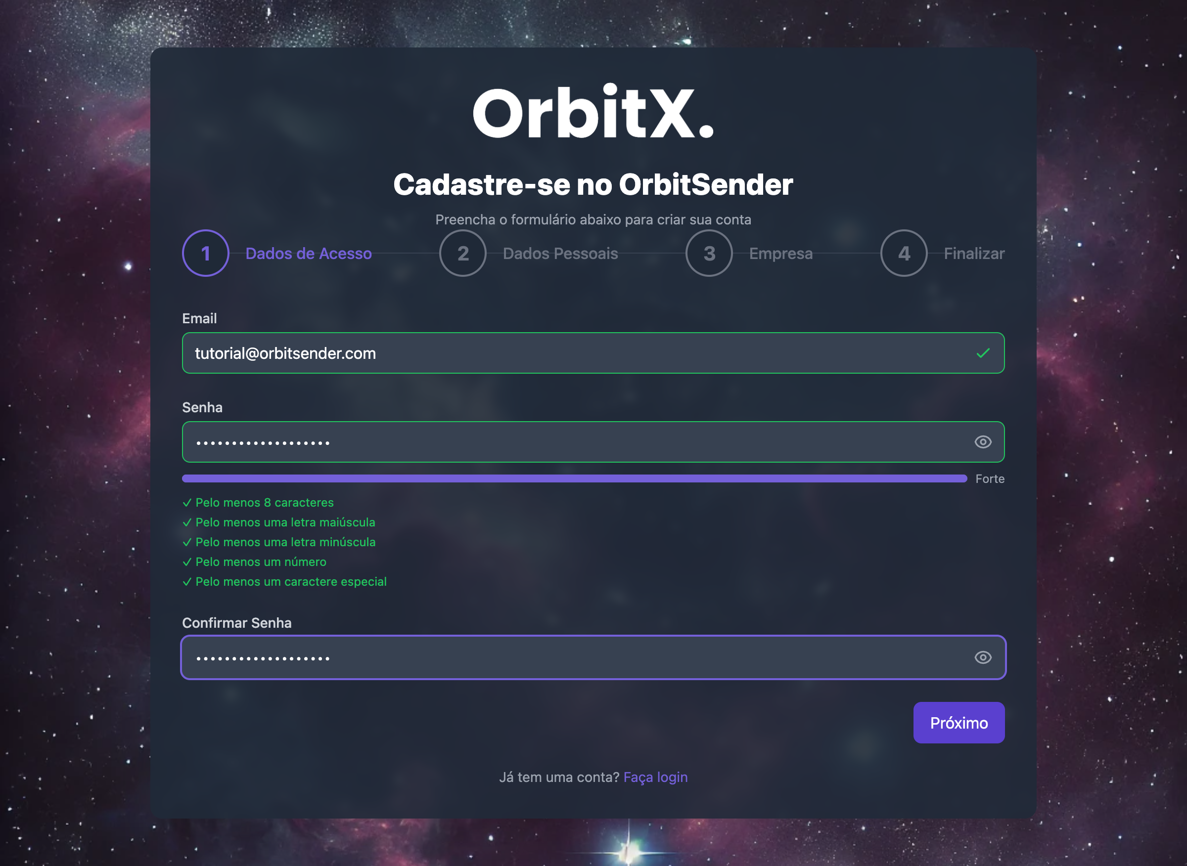 Etapa 1 completa com senha validada como forte