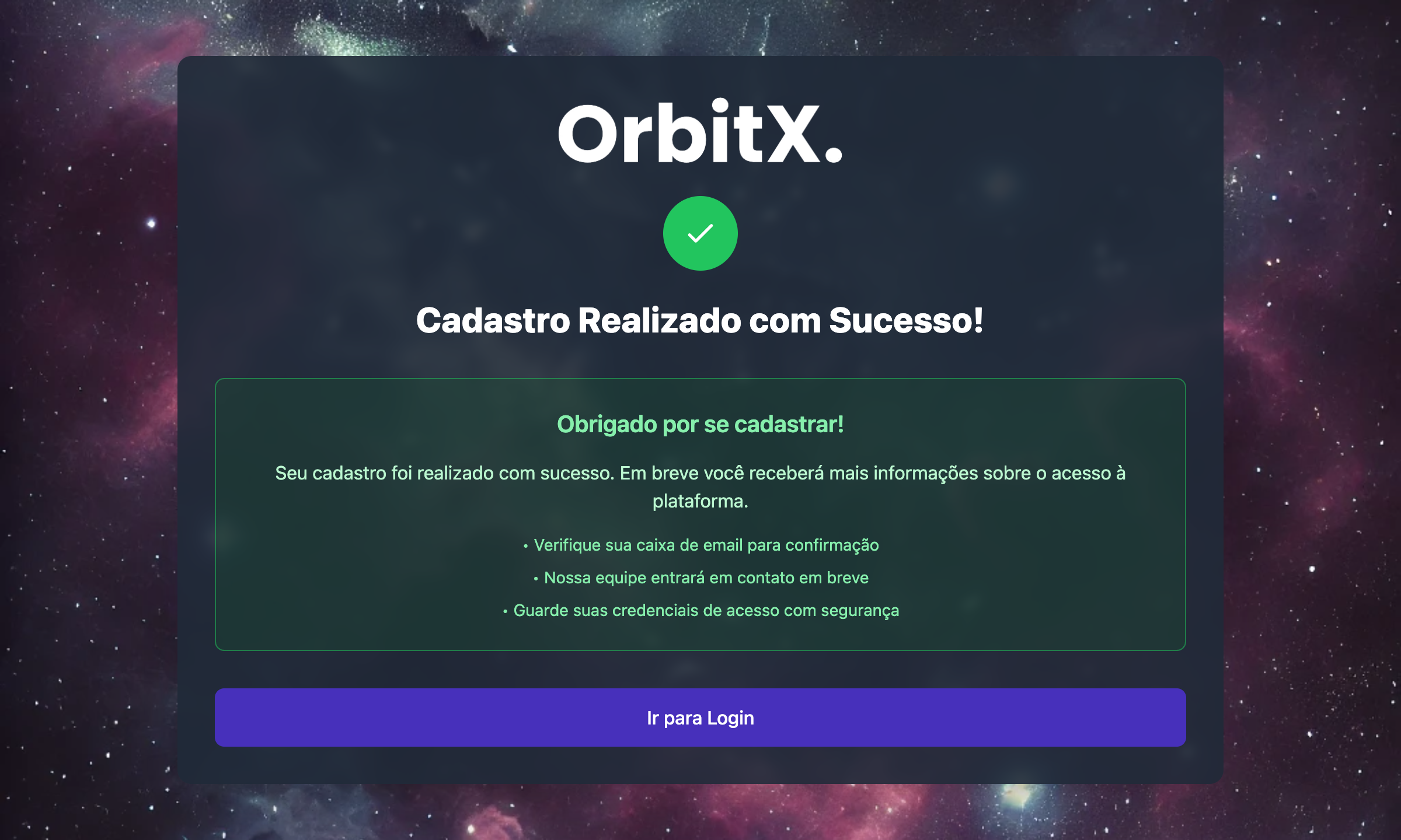 Tela de cadastro concluído com sucesso