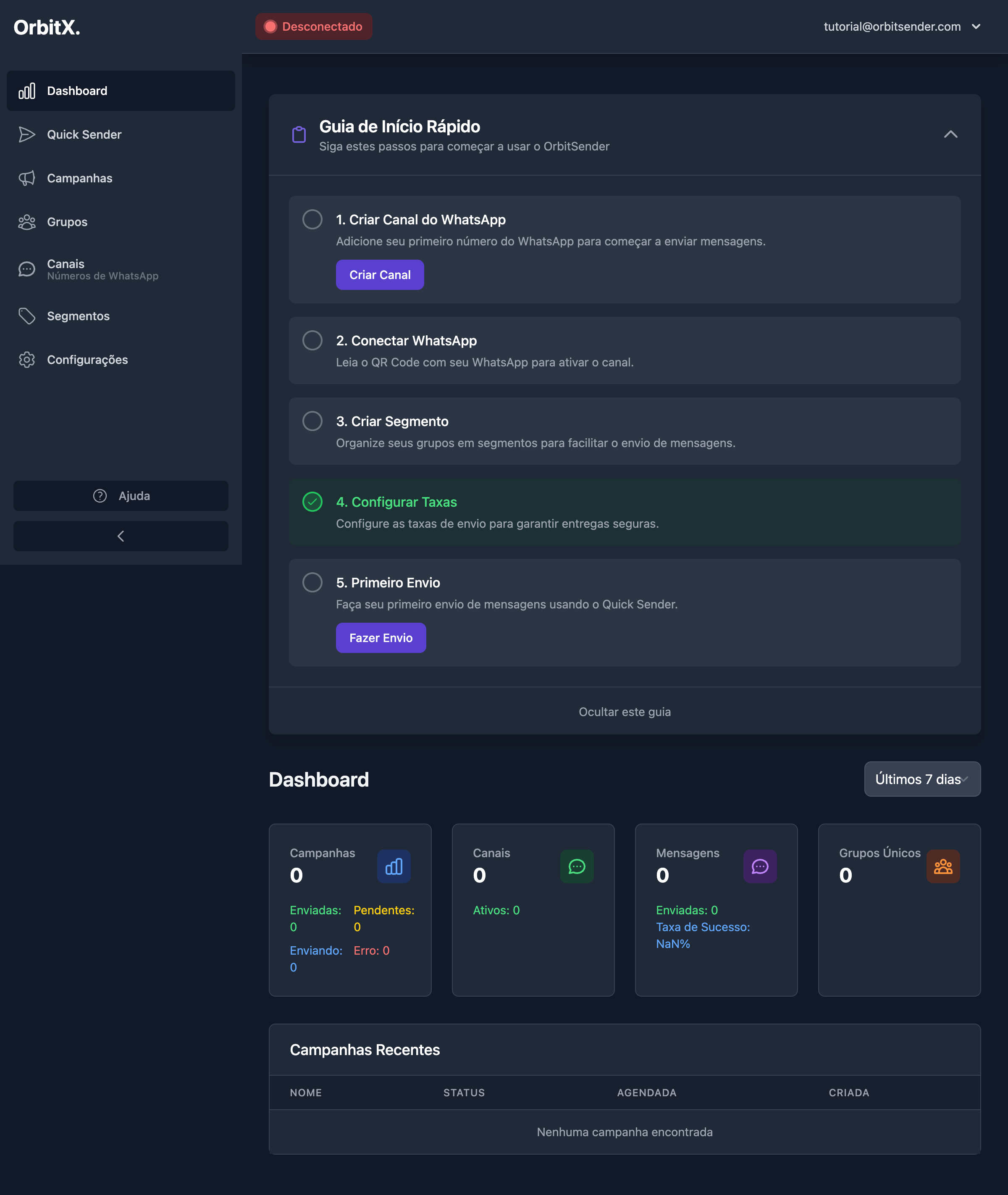 Dashboard inicial após login