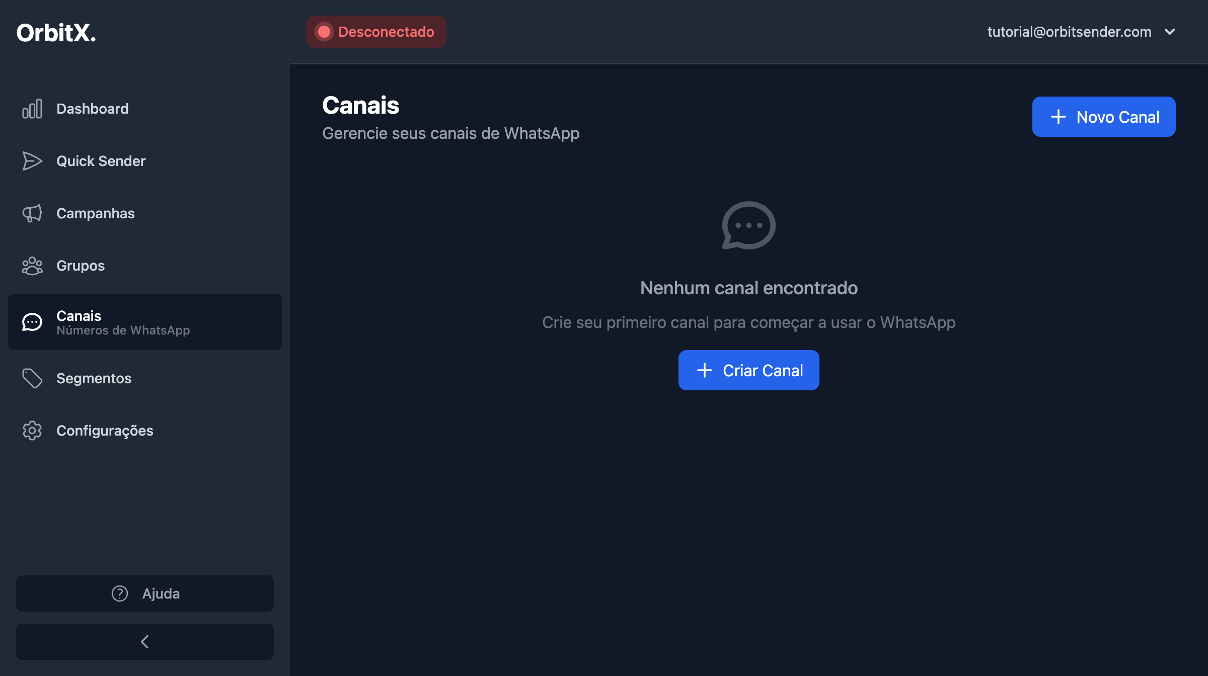 Página de canais sem canais criados