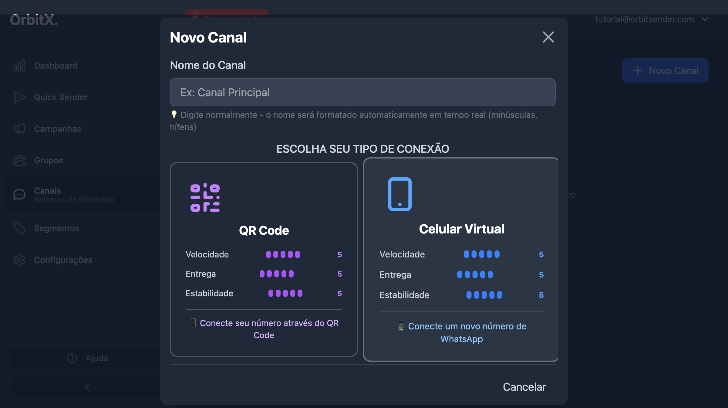 Modal para criar novo canal