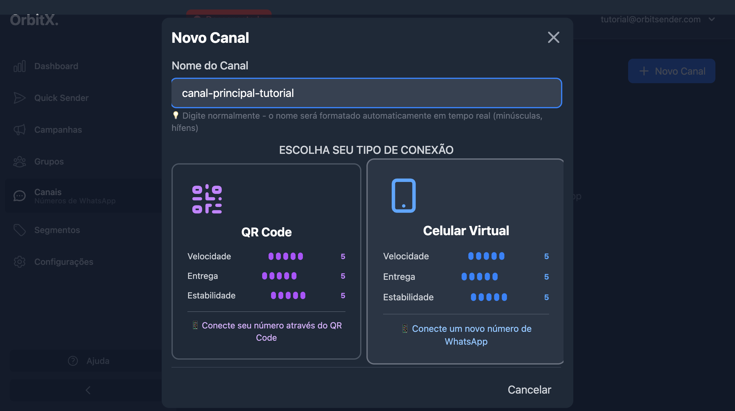 Nome do canal preenchido e formatado