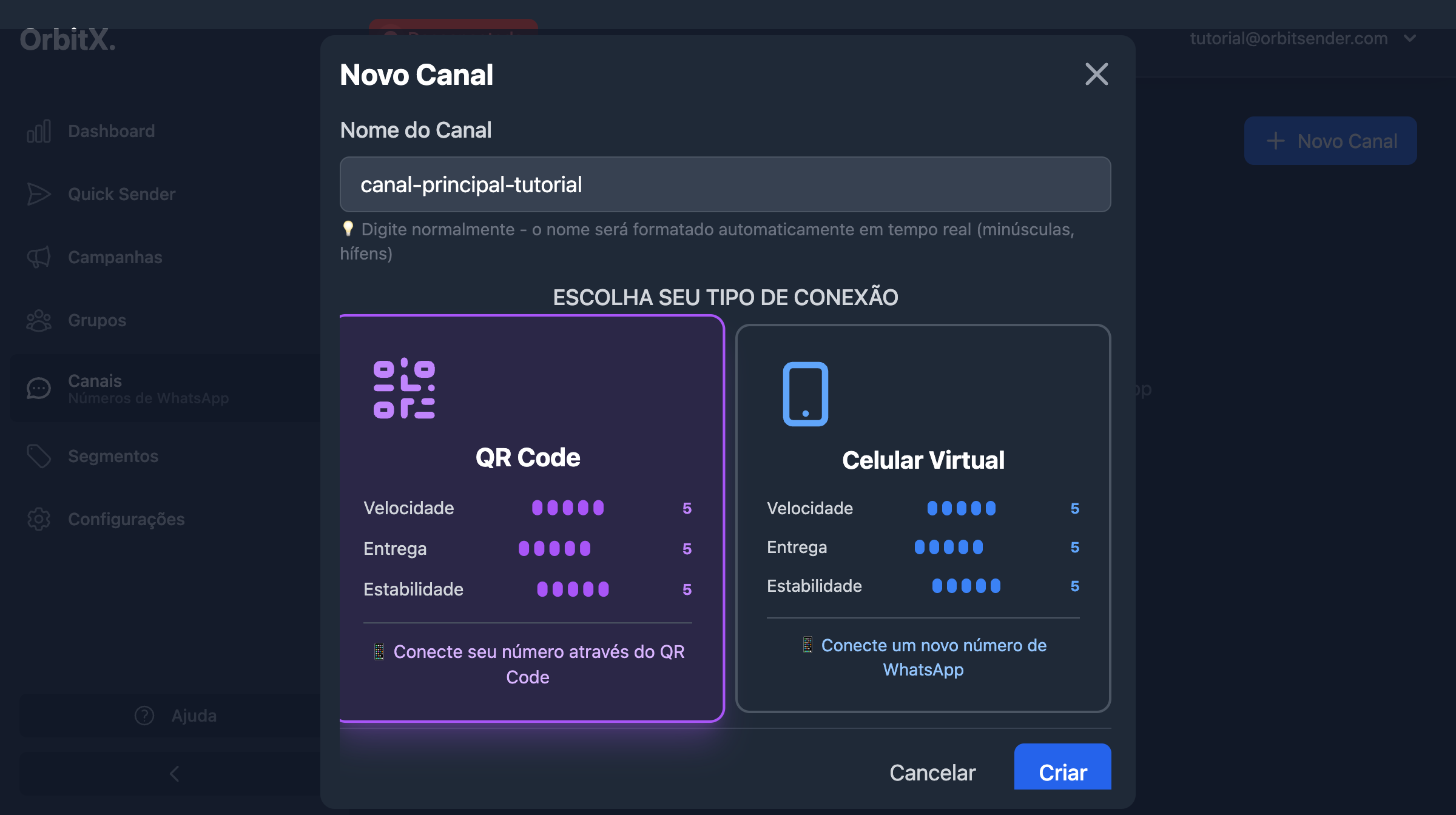 Opções de tipo de conexão: QR Code e Celular Virtual