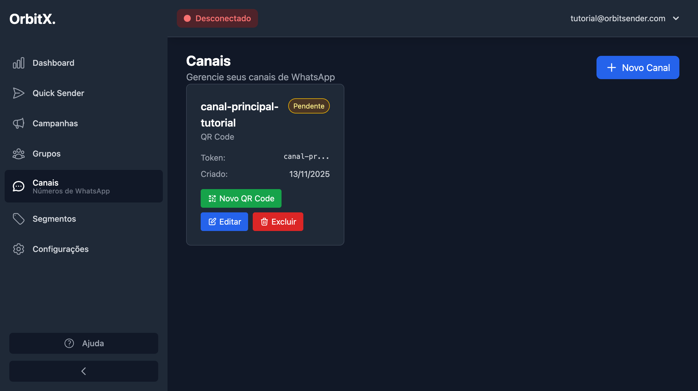 Canal criado com sucesso