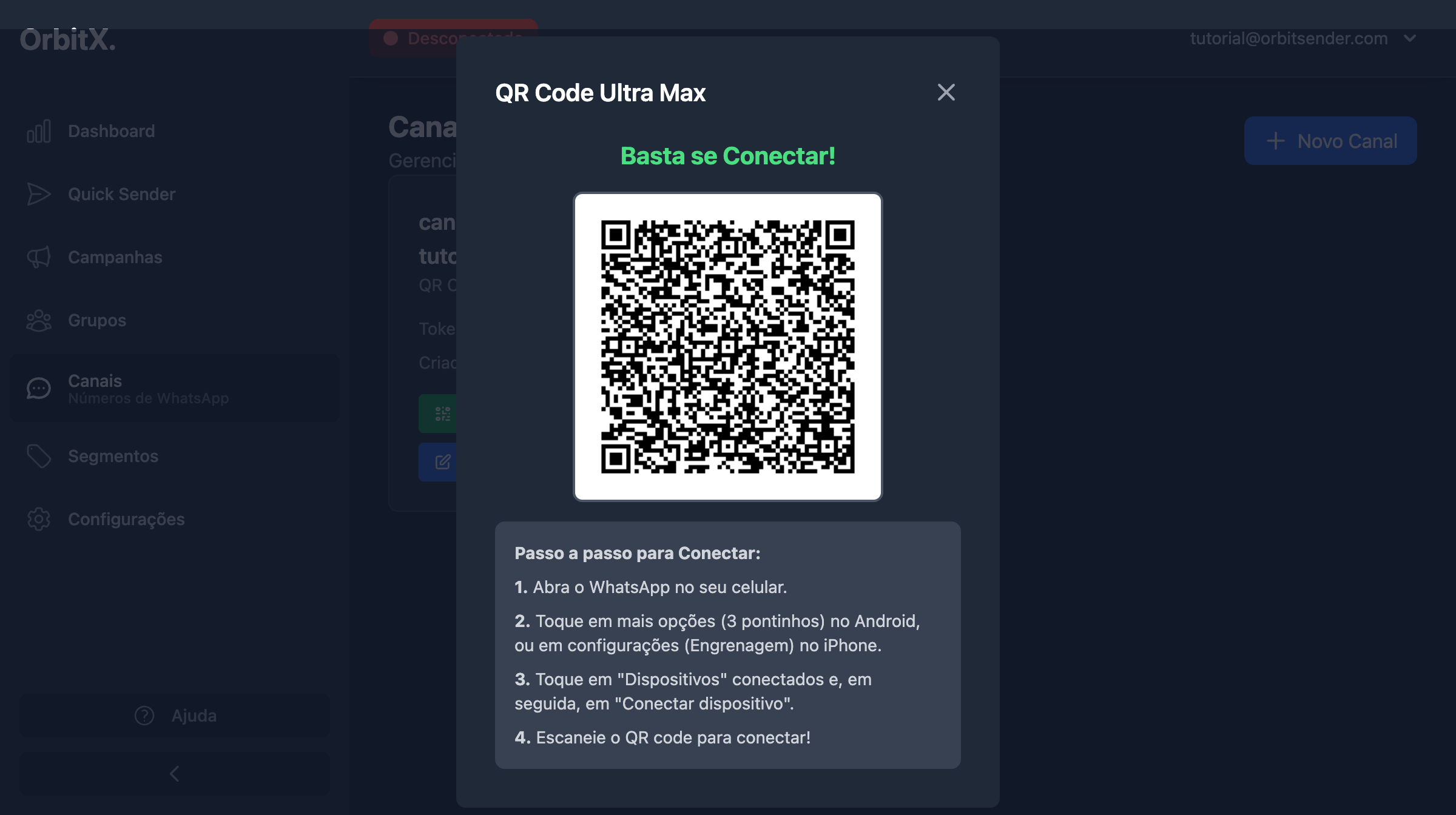 Modal com QR Code gerado e instruções