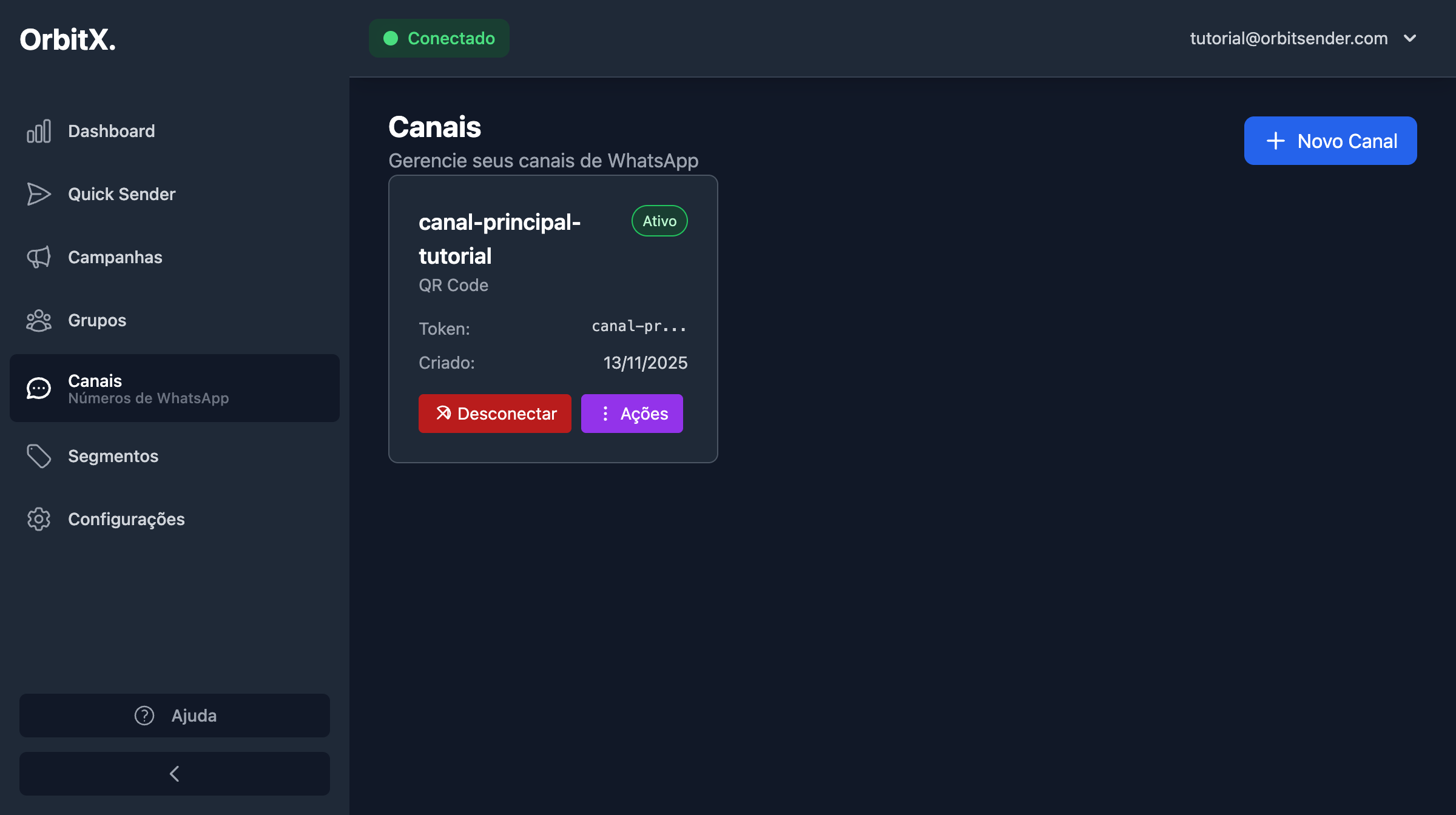 Canal conectado e ativo na lista de canais