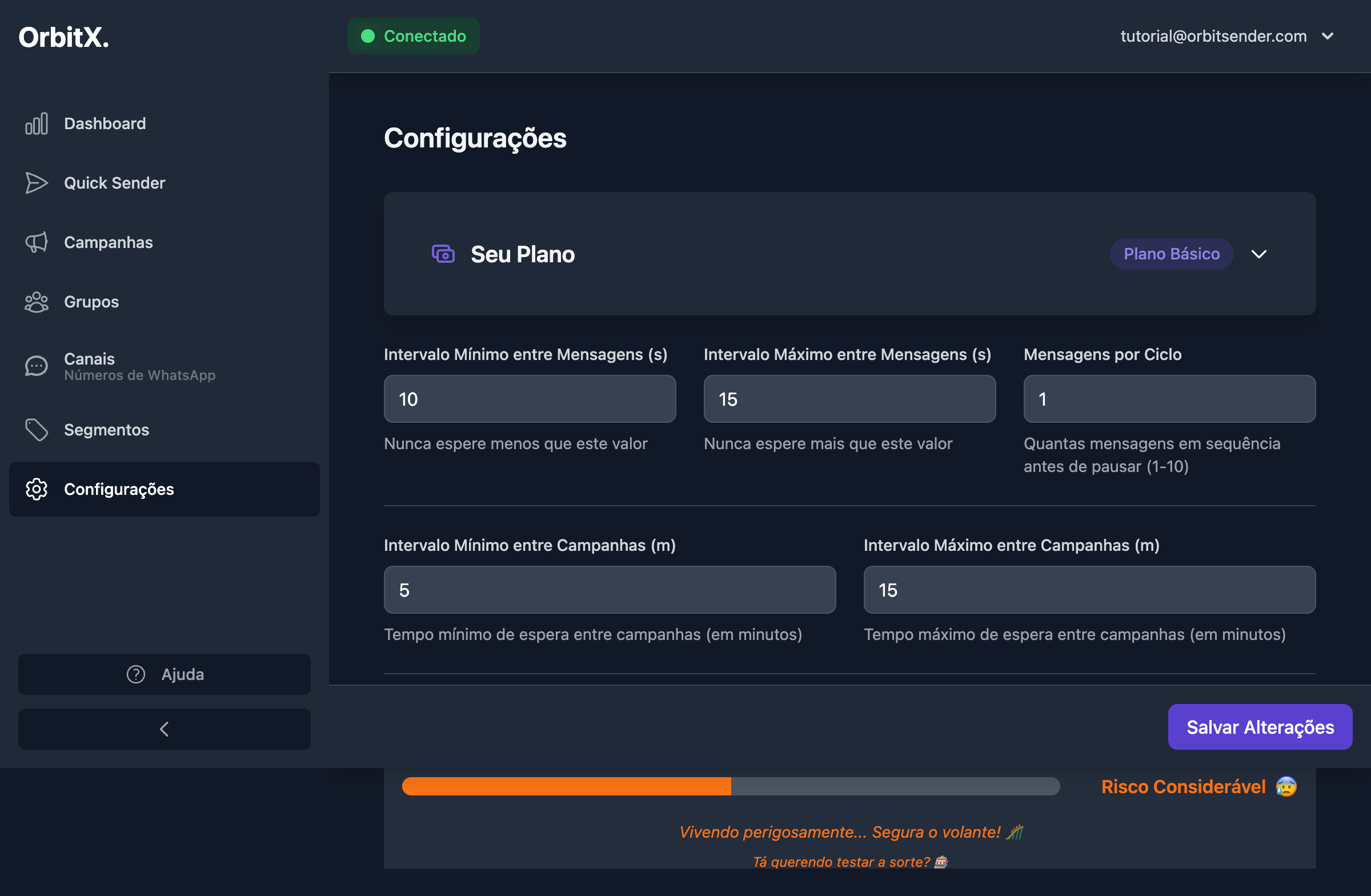Página inicial de configurações do OrbitSender