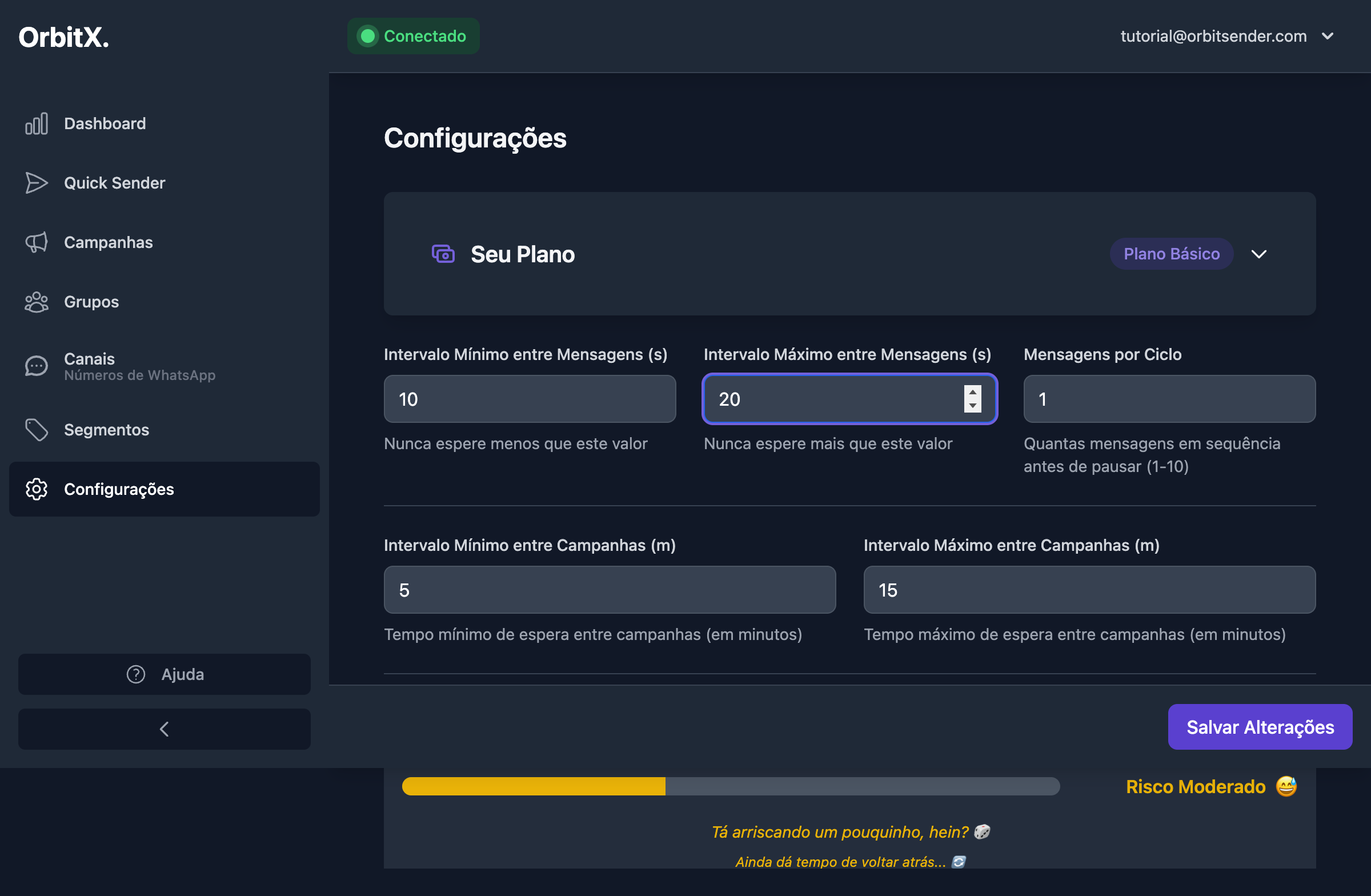 Configurações ajustadas com intervalo máximo de 20 segundos