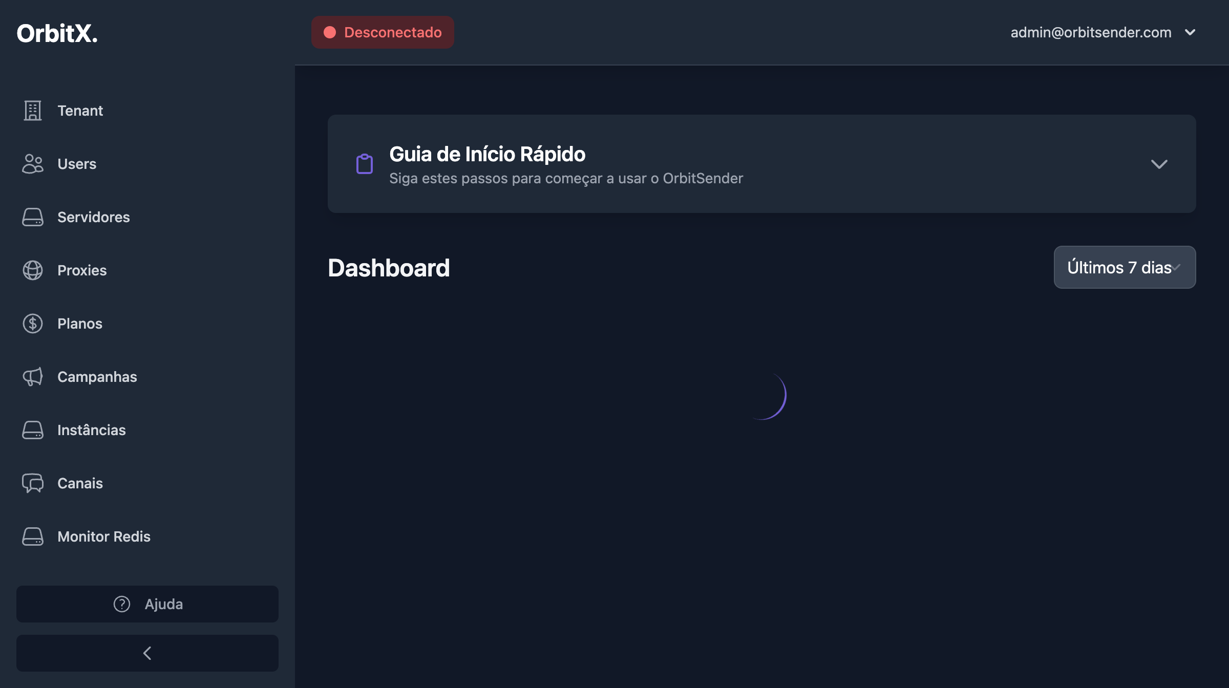 Dashboard principal do OrbitSender