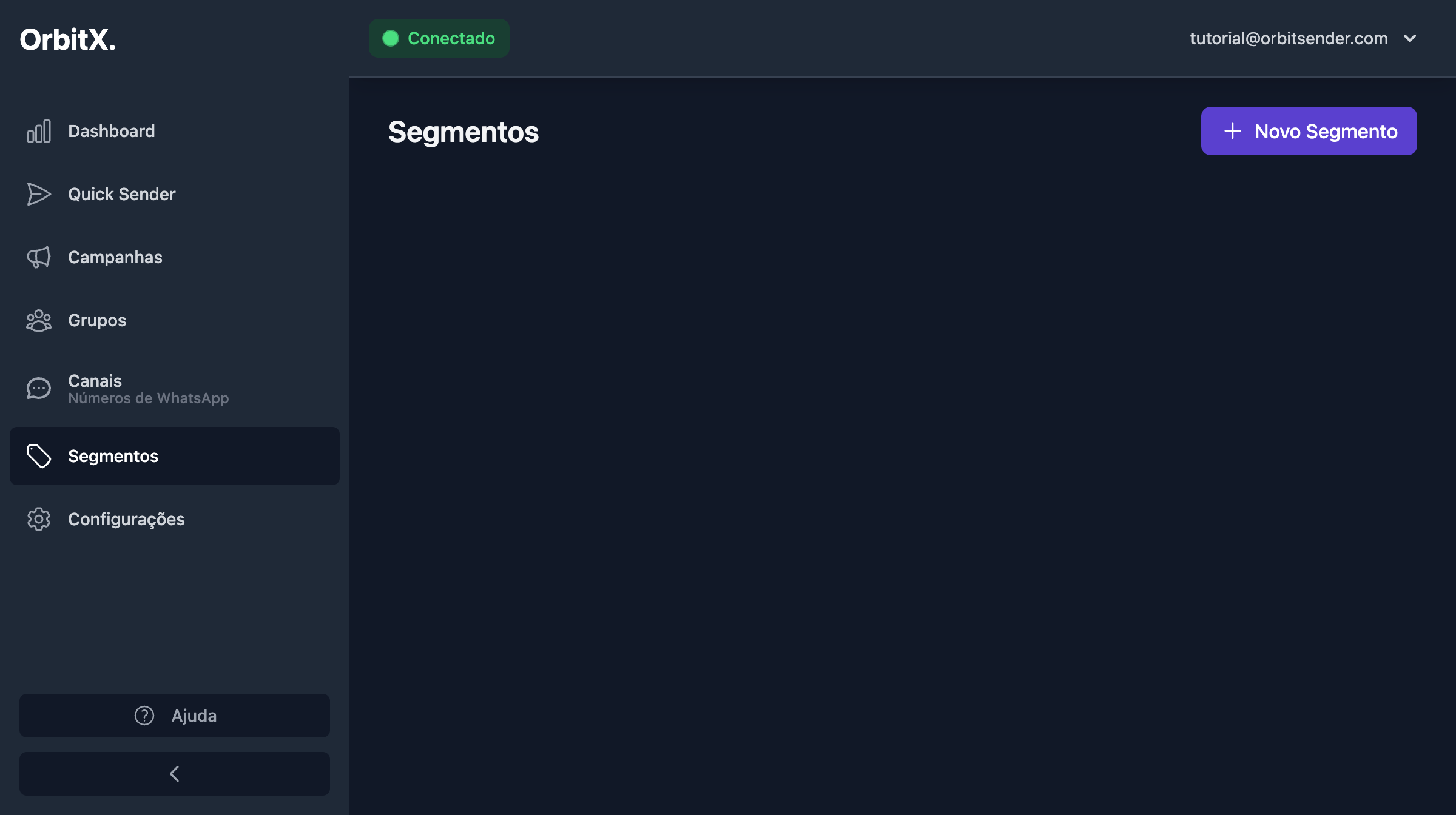 Página inicial de segmentos do OrbitSender