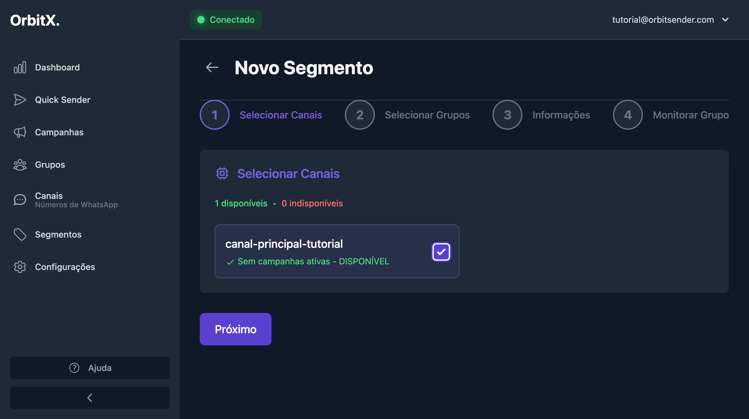Canal selecionado com checkbox marcado