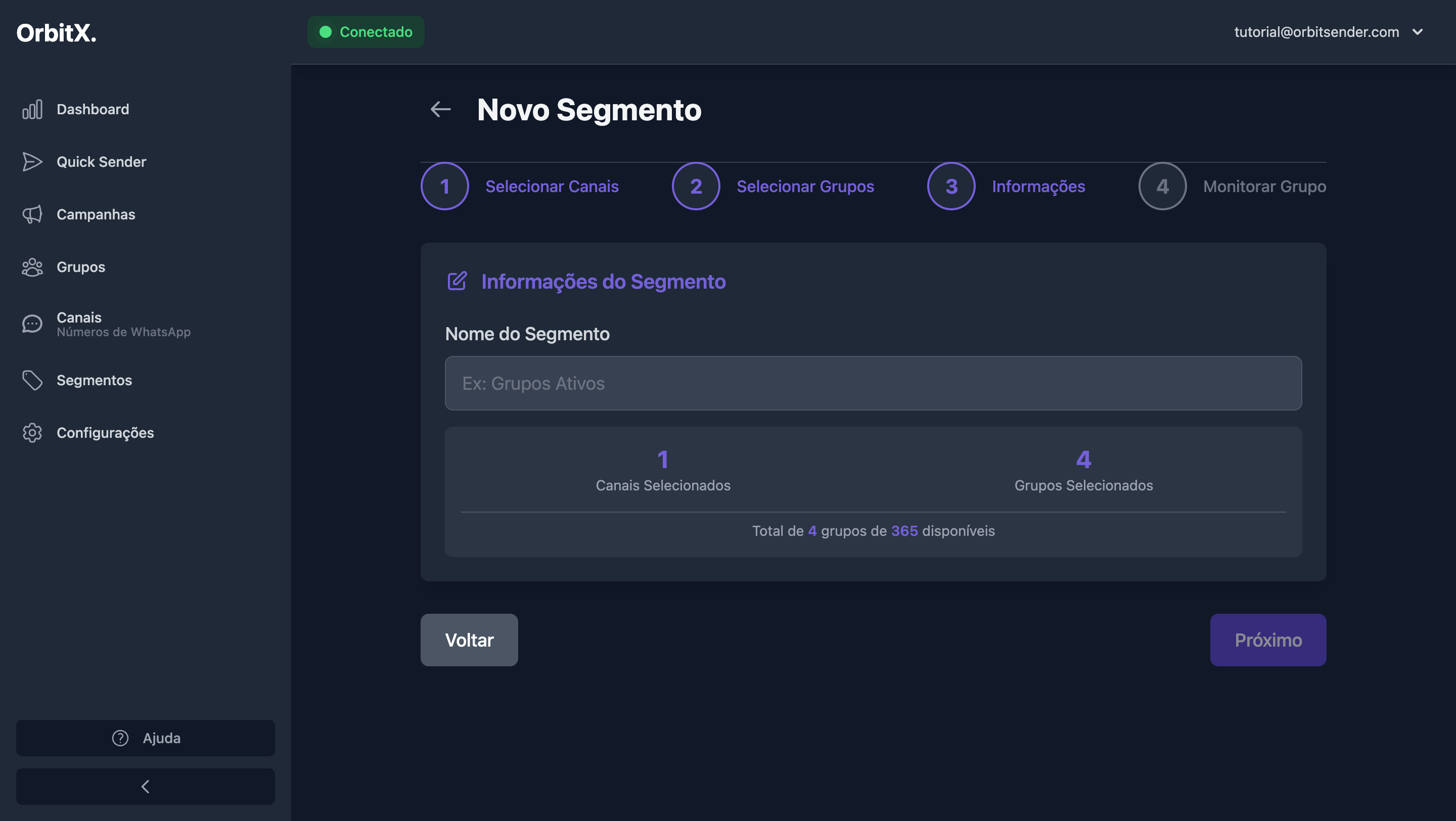 Tela de informações do segmento com resumo