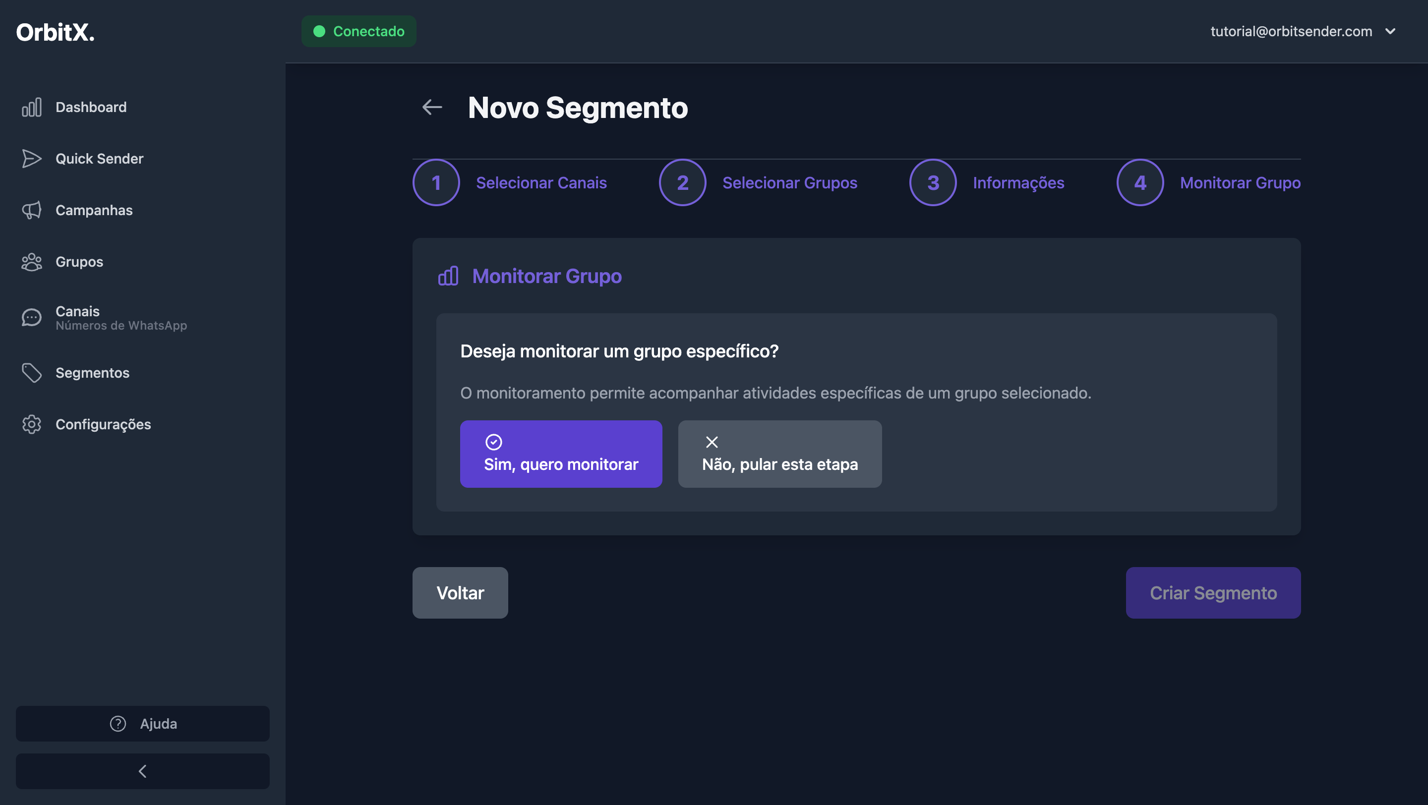 Tela de configuração de monitoramento de grupos