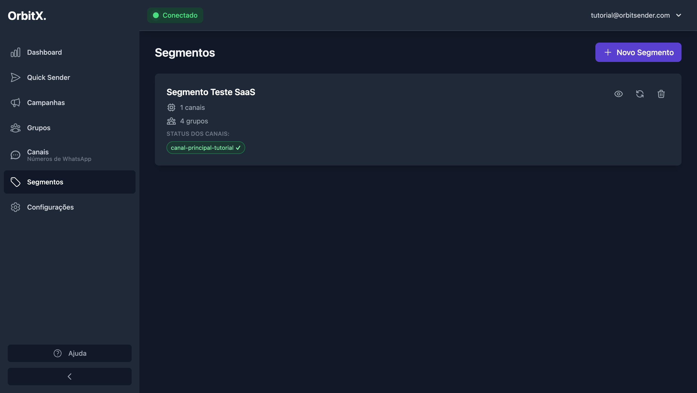 Segmento criado com sucesso na lista de segmentos