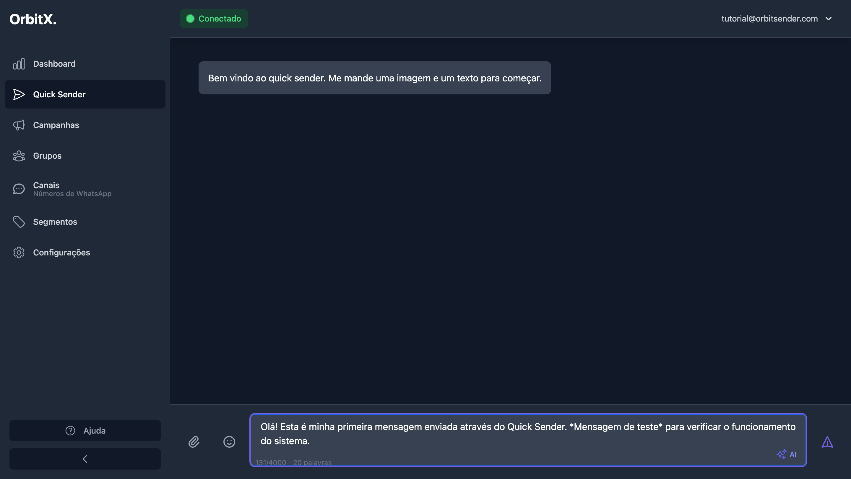 Mensagem preenchida no Quick Sender