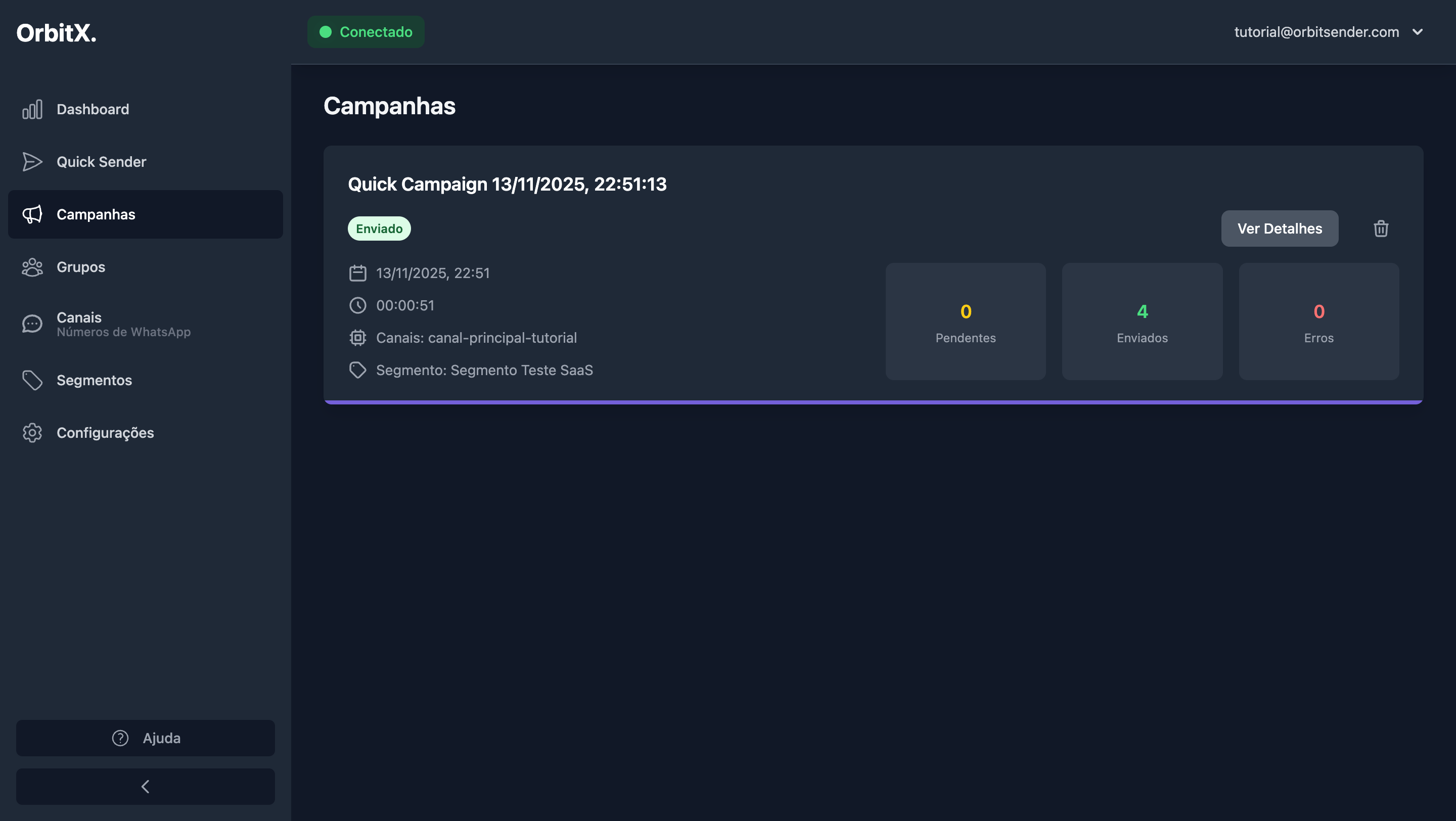 Lista de campanhas com a campanha criada pelo Quick Sender